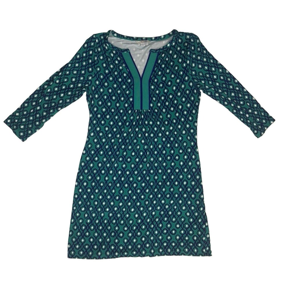 Boden Womens Shift Dress Green Navy Geometric Stretch Notch Neck Long Sleeve 8